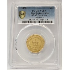 AUSTRALIA 1852 . ONE 1 POUND . GOLD COIN . ADELAIDE POUND